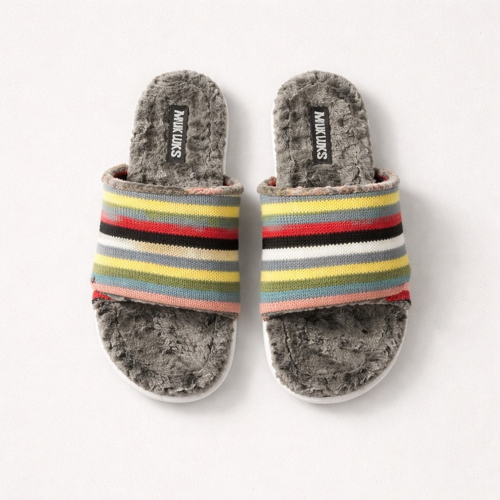 Muk Luks Gray Plush Slide Slippers with Multicolored Stripes Size L 9-10